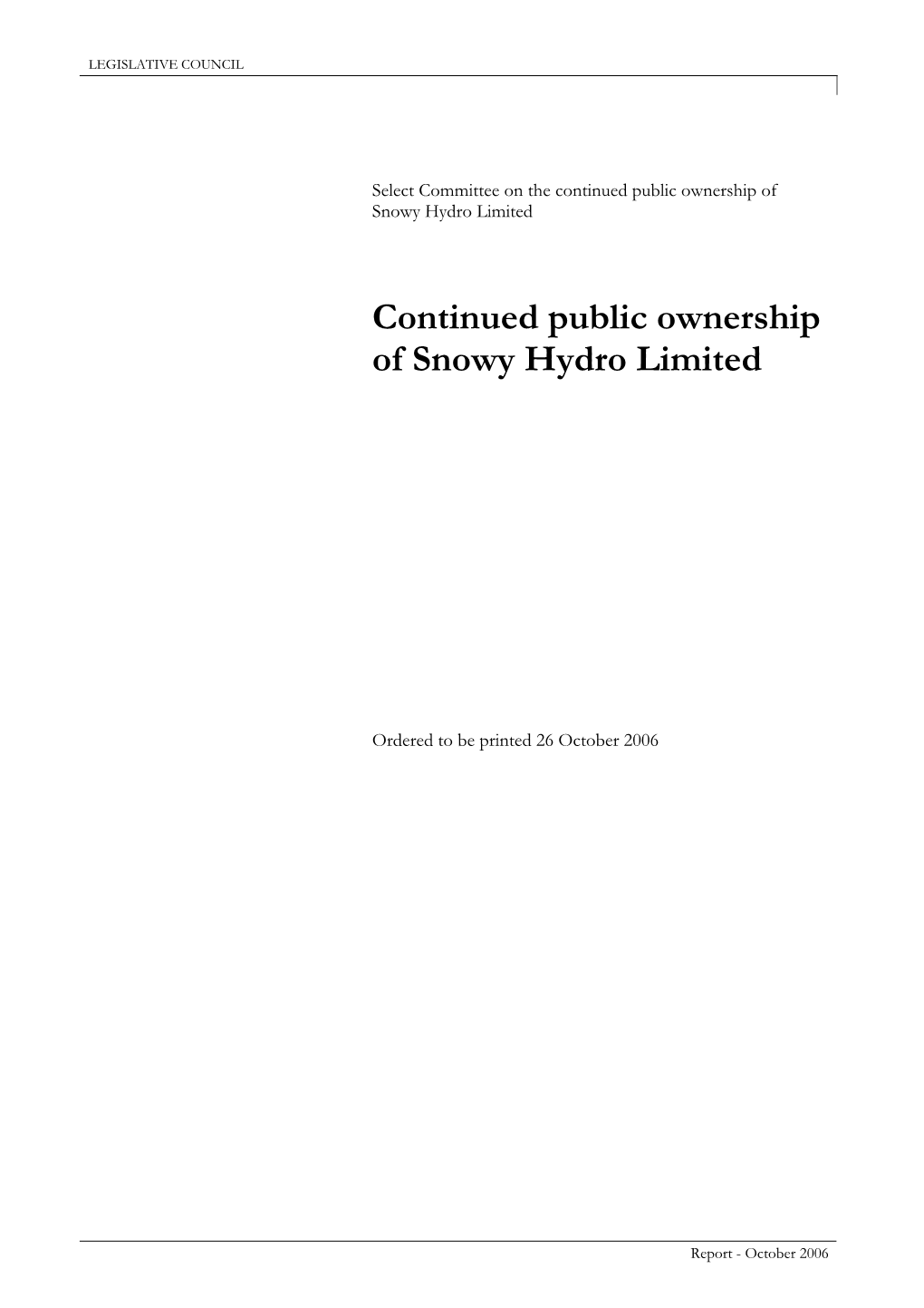 Continued Public Ownership of Snowy Hydro Limited