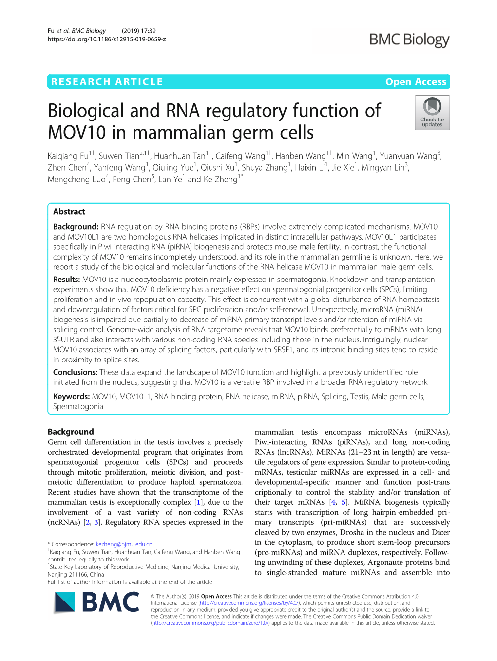 Biological and RNA Regulatory Function of MOV10 in Mammalian