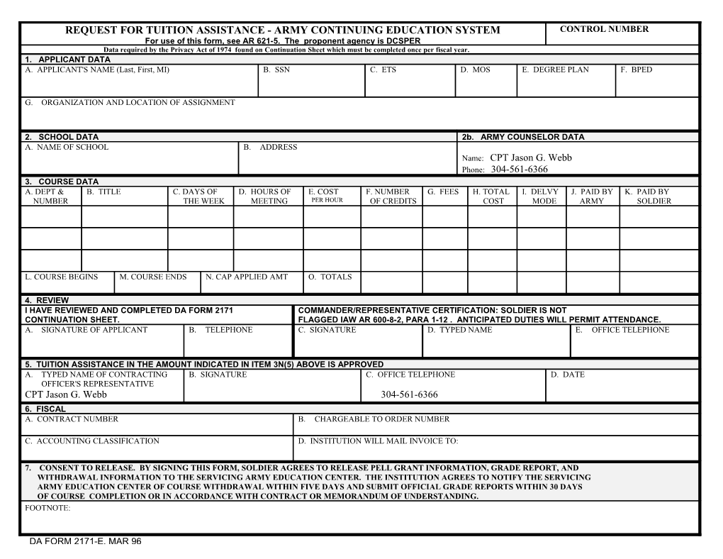 Request for Tuition Assistance - Army Continuing Education System