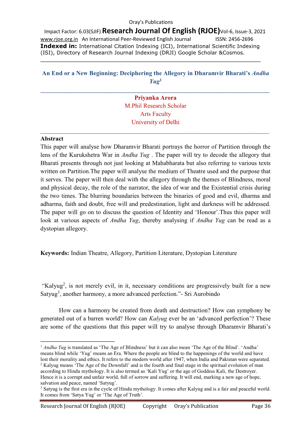 6.03(SJIF) Research Journal of English (RJOE)Vol-6, Issue-3, 2021