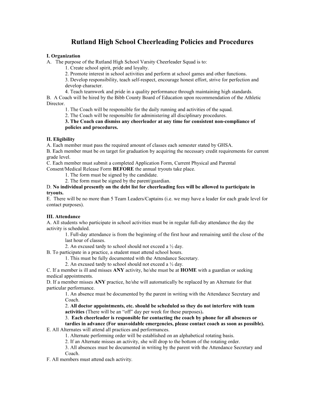 Rutland High School Cheerleading Policies and Procedures