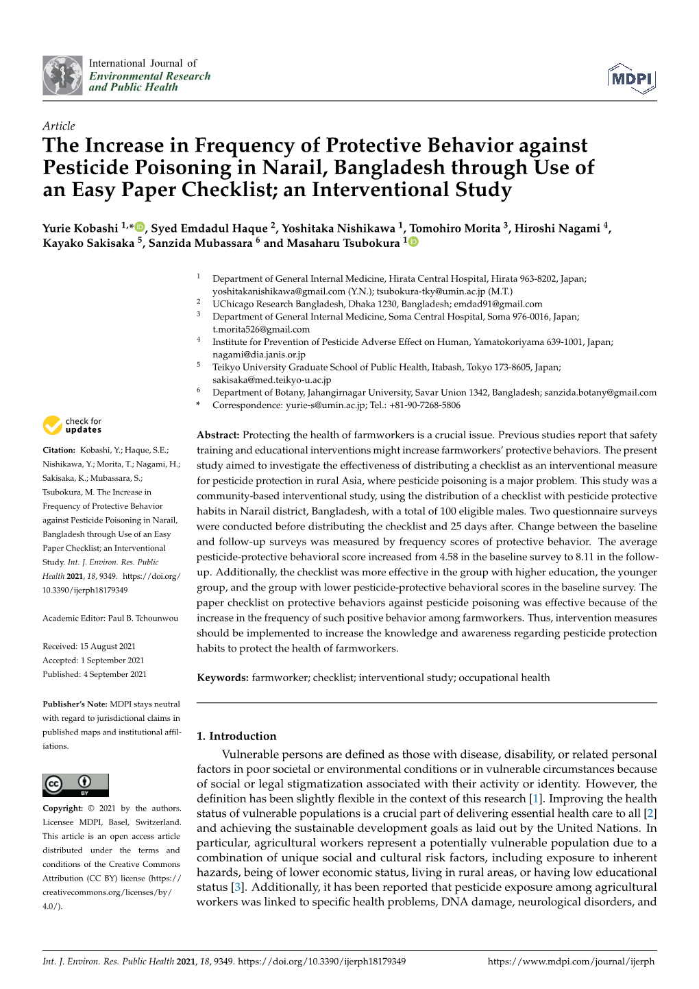 The Increase in Frequency of Protective Behavior Against Pesticide Poisoning in Narail, Bangladesh Through Use of an Easy Paper Checklist; an Interventional Study