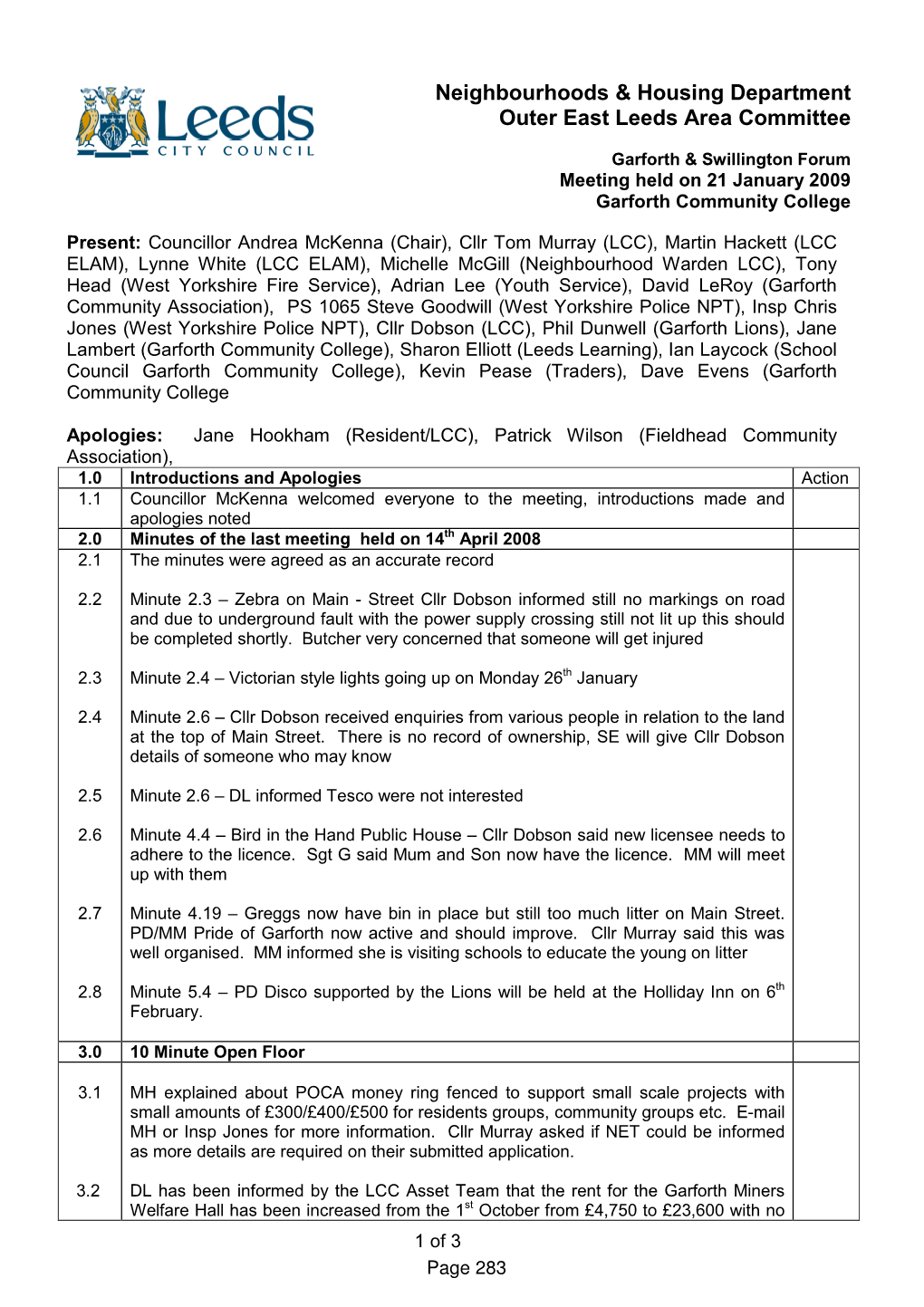 Garforth & Swillington Forum Minutes 21.01.09