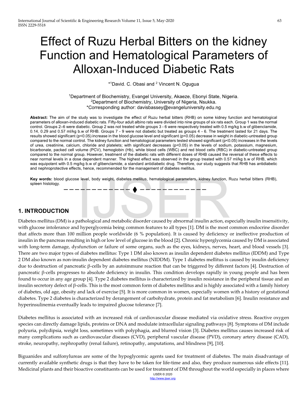 Effect of Ruzu Herbal Bitters on the Kidney Function and Hematological Parameters of Alloxan-Induced Diabetic Rats