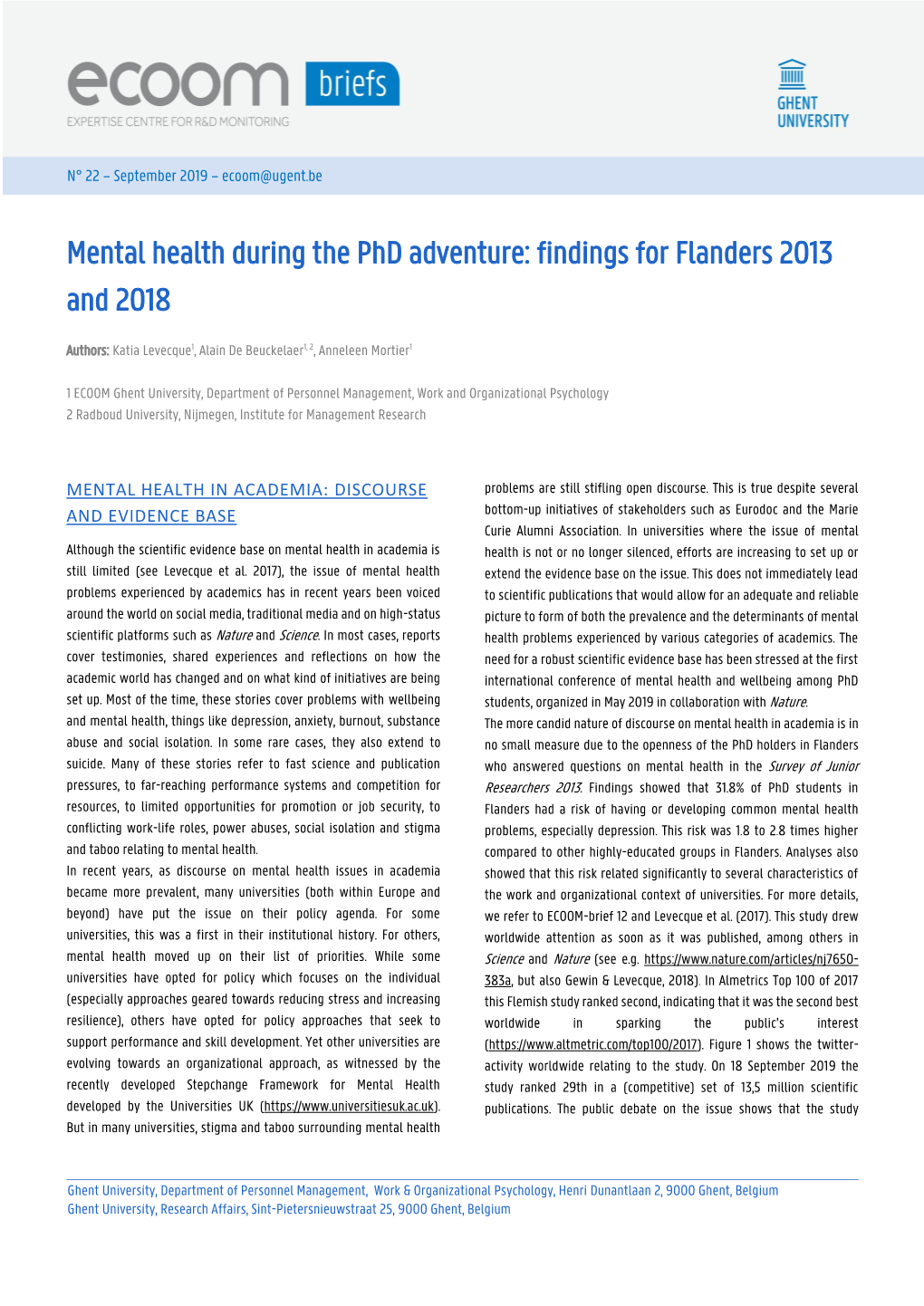 Mental Health During the Phd Adventure: Findings for Flanders 2013 and 2018