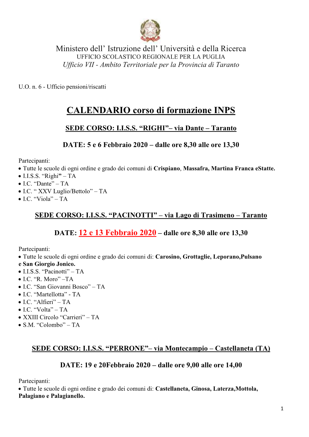 CALENDARIO Corso Di Formazione INPS