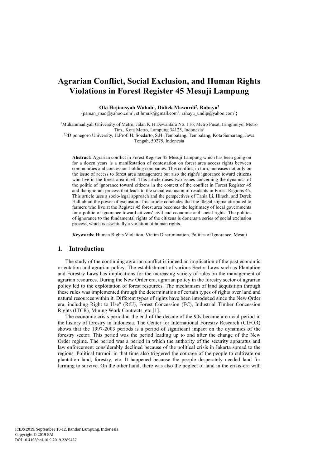 Agrarian Conflict, Social Exclusion, and Human Rights Violations in Forest Register 45 Mesuji Lampung