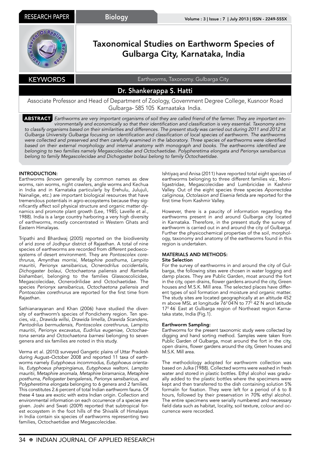 Taxonomical Studies on Earthworm Species of Gulbarga City, Karnataka, India