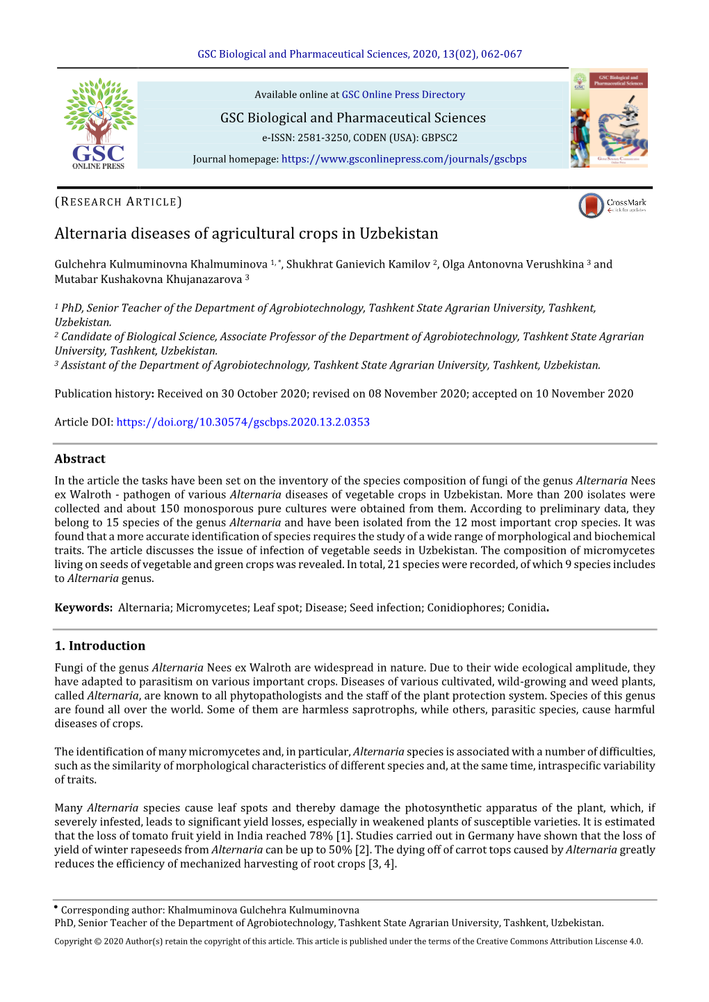 Alternaria Diseases of Agricultural Crops in Uzbekistan