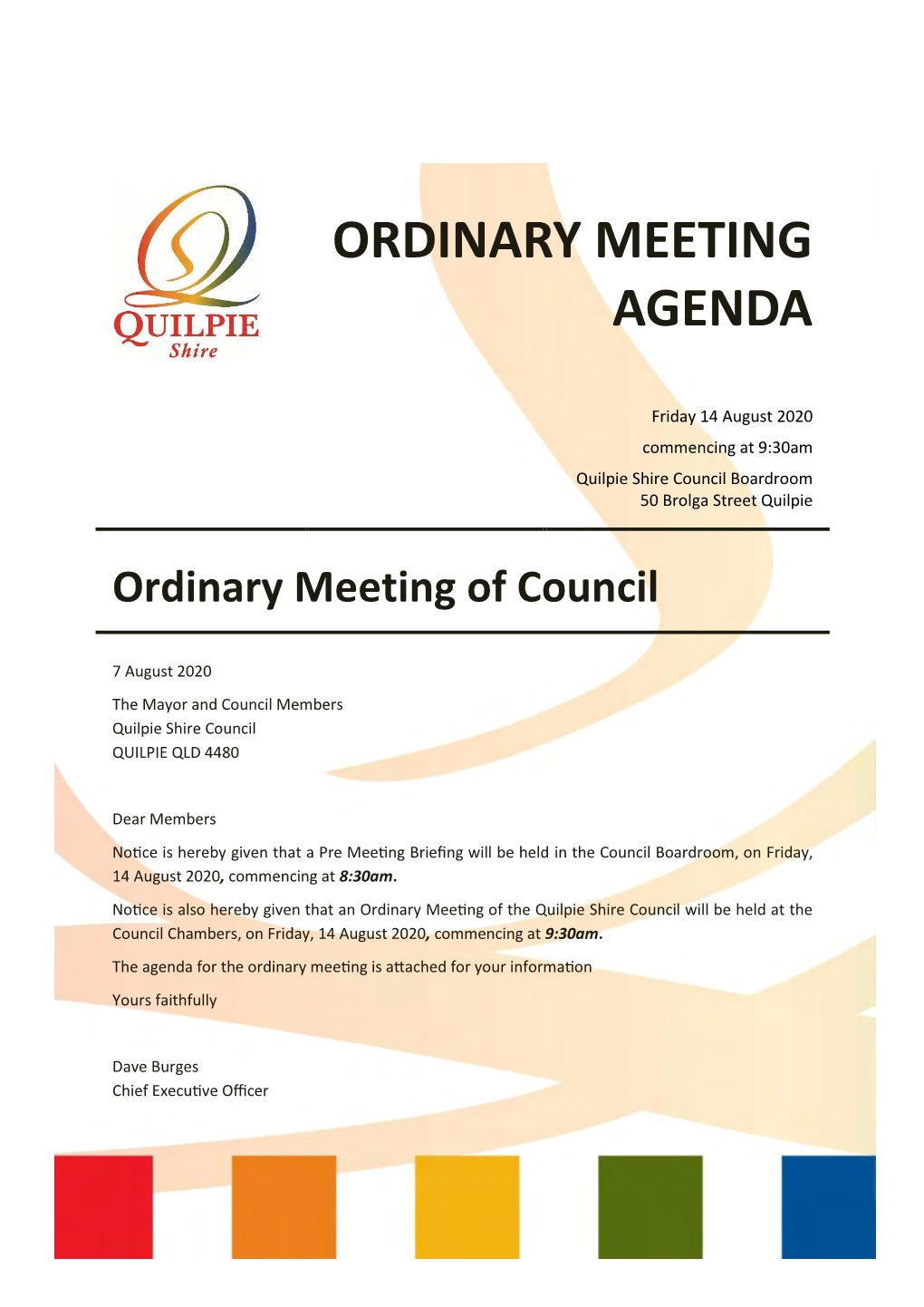 Agenda – Ordinary Meeting of Council Friday 14 August 2020