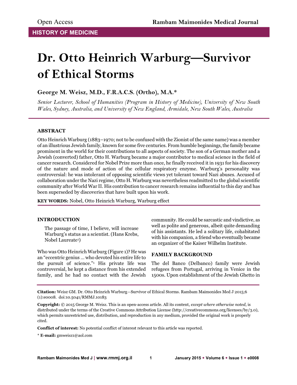 Dr. Otto Heinrich Warburg—Survivor of Ethical Storms