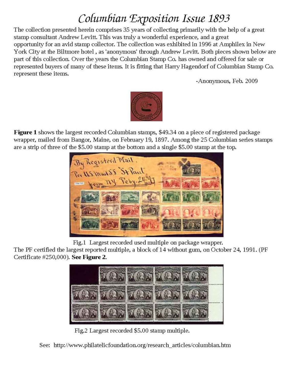 Co[Umbian 'Ef(Jjosition Issue 1893 the Collection Presented Herein Comprises 35 Years of Collecting Primarily with the Help of a Great Stamp Consultant Andrew Levitt
