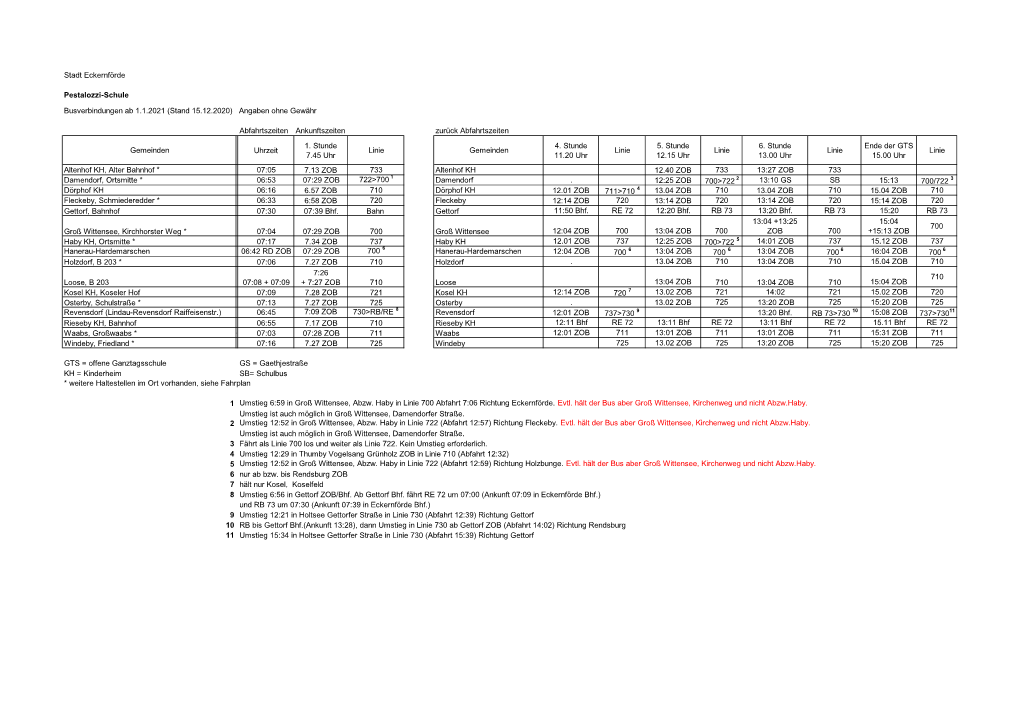 Stadt Eckernförde Pestalozzi-Schule Busverbindungen Ab 1.1.2021