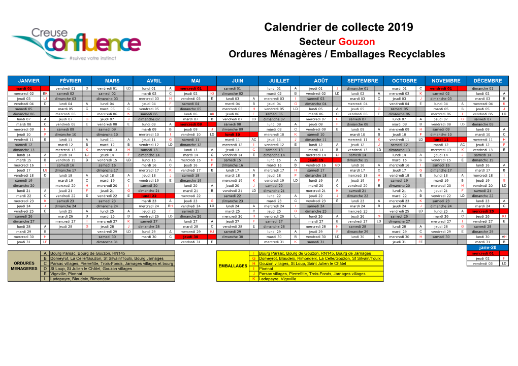 Calendrier De Collecte 2019 Secteur Gouzon Ordures Ménagères / Emballages Recyclables