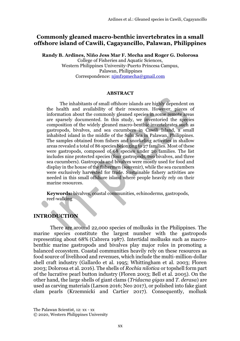 Commonly Gleaned Macro-Benthic Invertebrates in a Small Offshore Island of Cawili, Cagayancillo, Palawan, Philippines