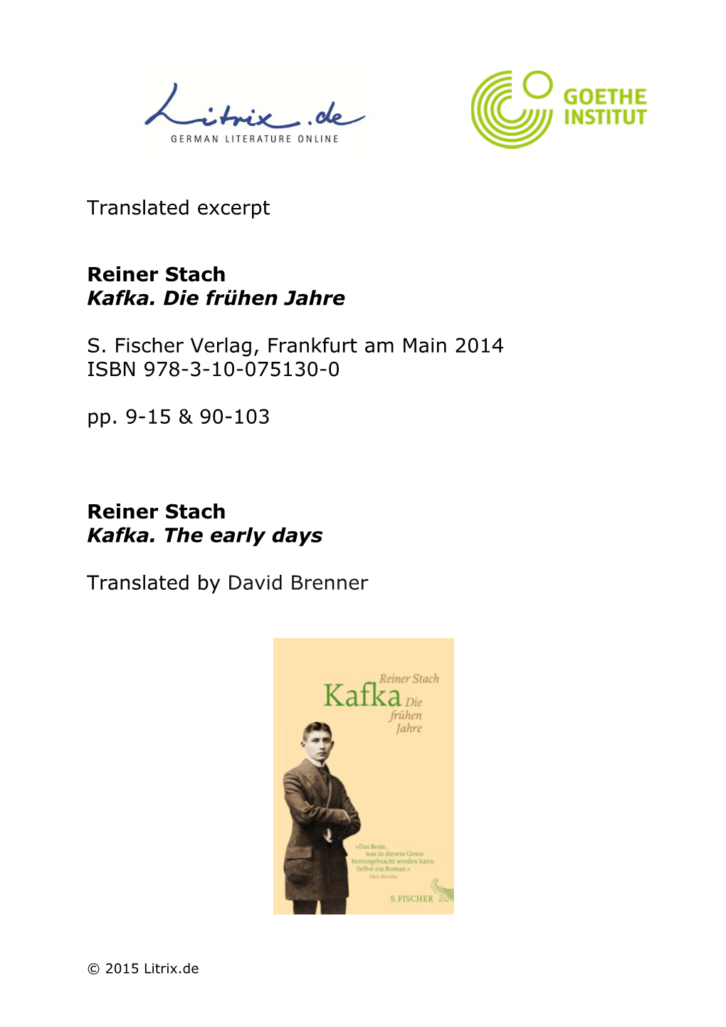 Translated Excerpt Reiner Stach Kafka. Die Frühen Jahre S. Fischer