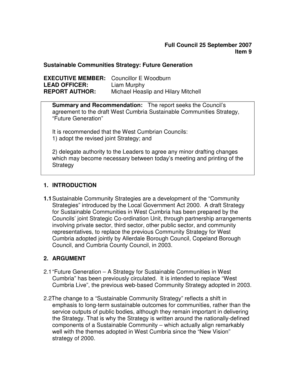 Full Council 25 September 2007 Item 9 Sustainable Communities Strategy