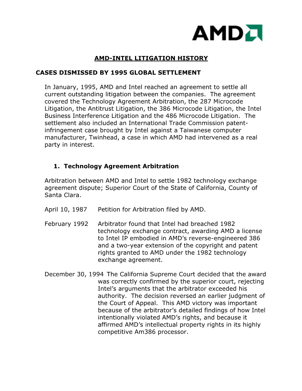 Amd-Intel Litigation History