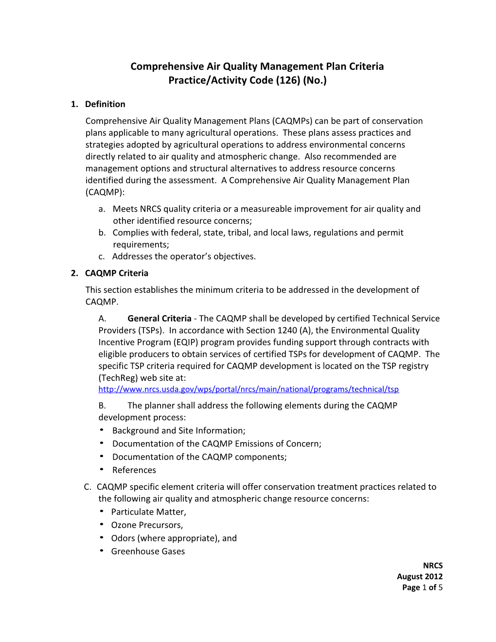 Comprehensive Air Quality Management Plan Criteria