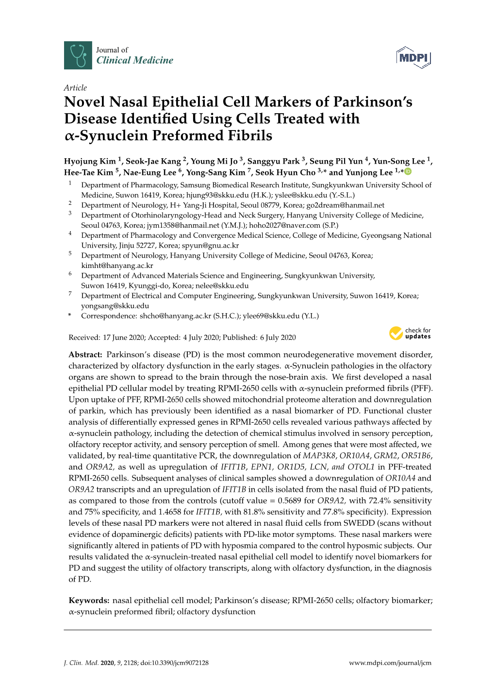 Novel Nasal Epithelial Cell Markers of Parkinson's Disease Identified Using Cells Treated with Α-Synuclein Preformed Fibrils