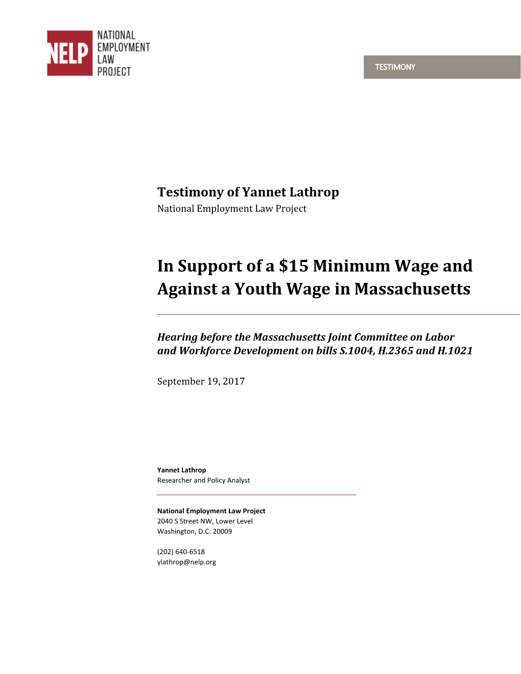 In Support of a $15 Minimum Wage and Against a Youth Wage in Massachusetts