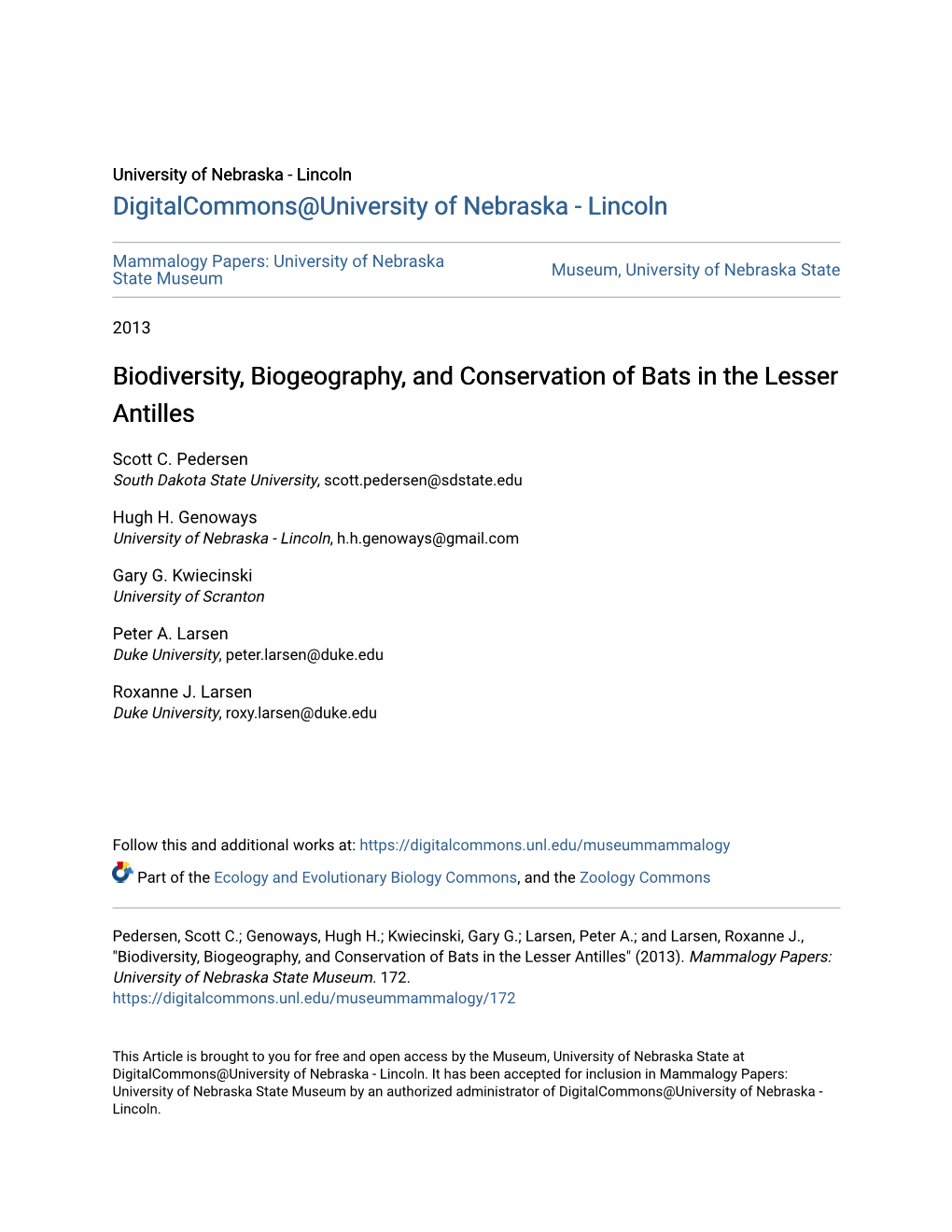 Biodiversity, Biogeography, and Conservation of Bats in the Lesser Antilles