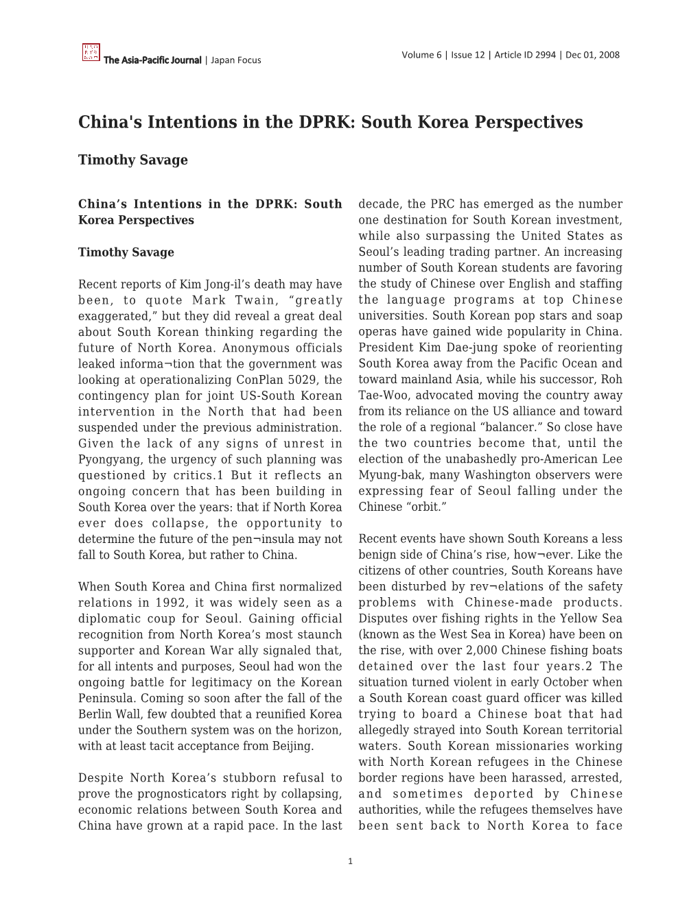 China's Intentions in the DPRK: South Korea Perspectives