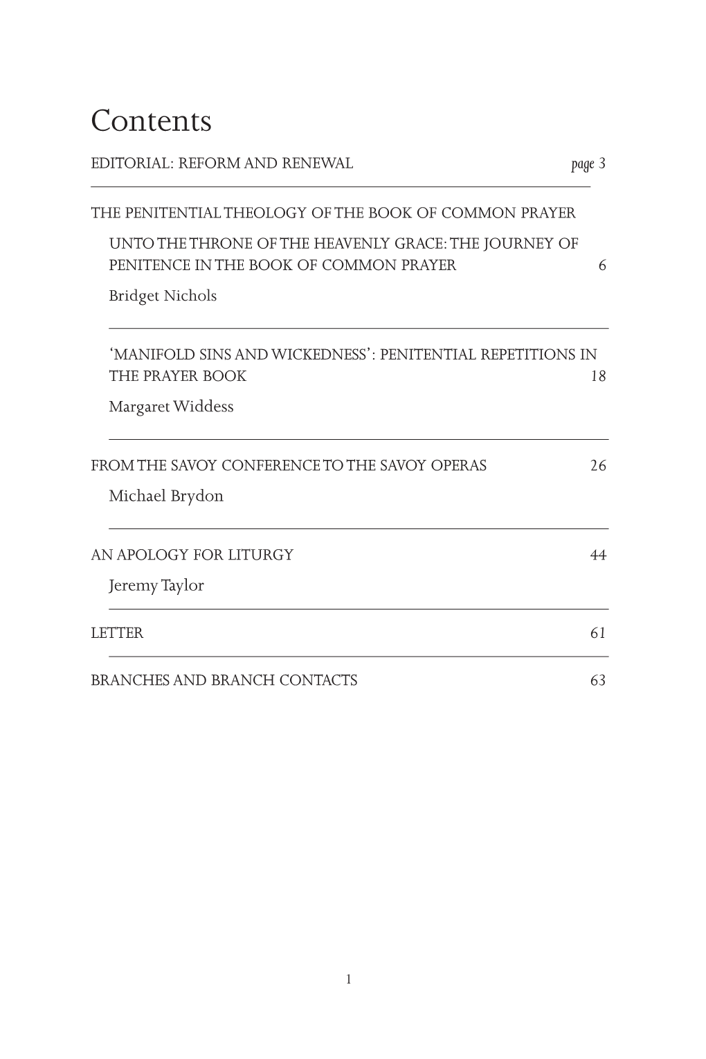 Contents EDITORIAL: REFORM and RENEWAL Page 3