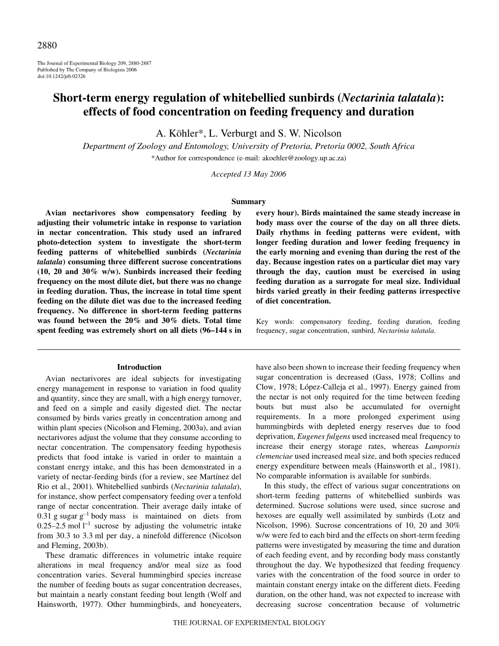 Nectarinia Talatala): Effects of Food Concentration on Feeding Frequency and Duration A