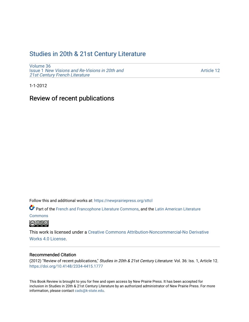 Review of Recent Publications