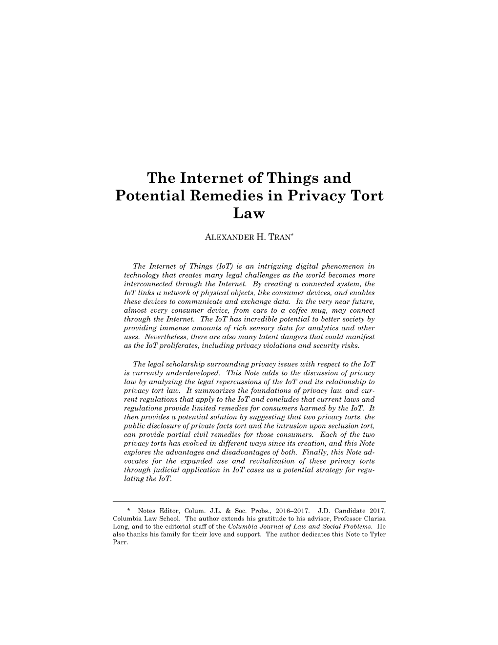 The Internet of Things and Potential Remedies in Privacy Tort Law