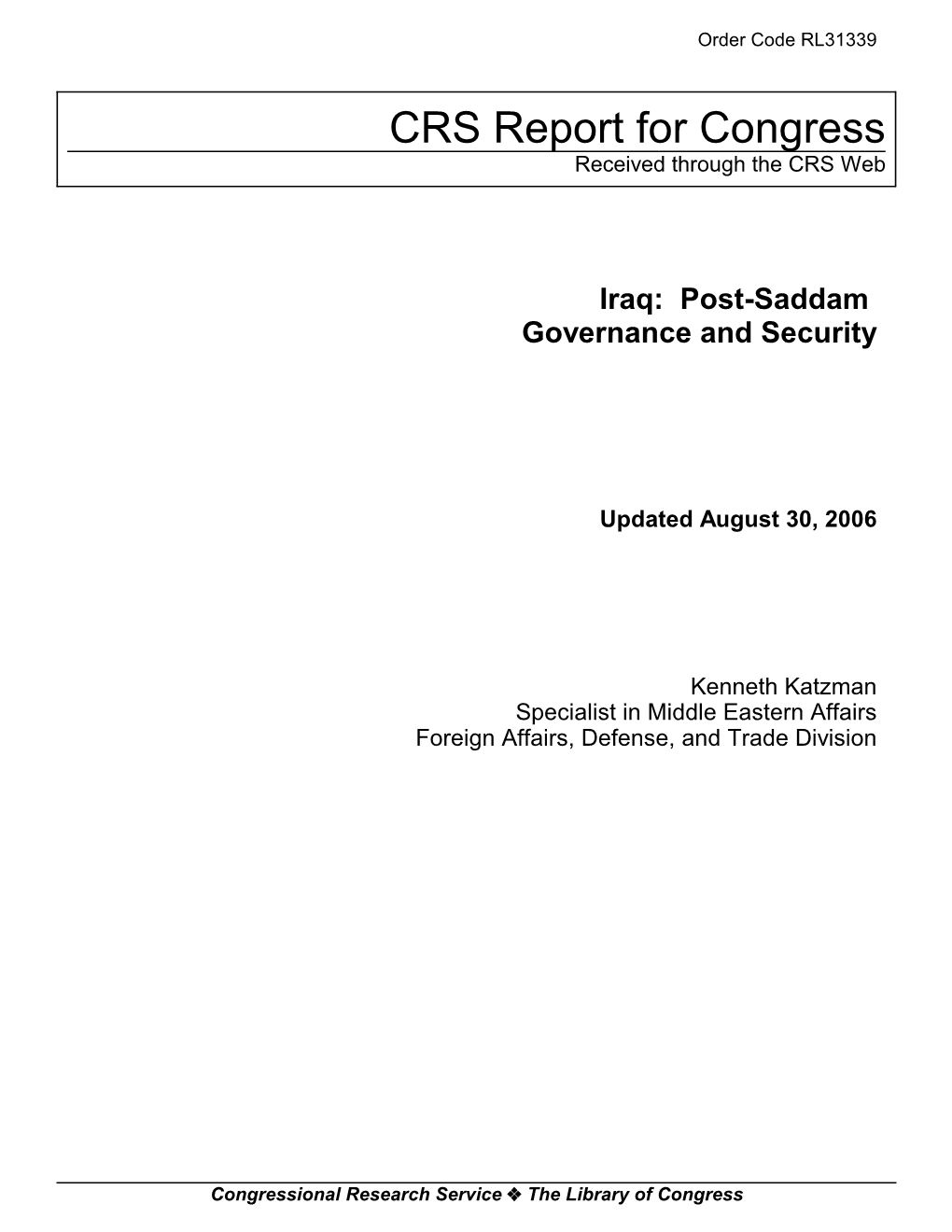 Iraq: Post-Saddam Governance and Security