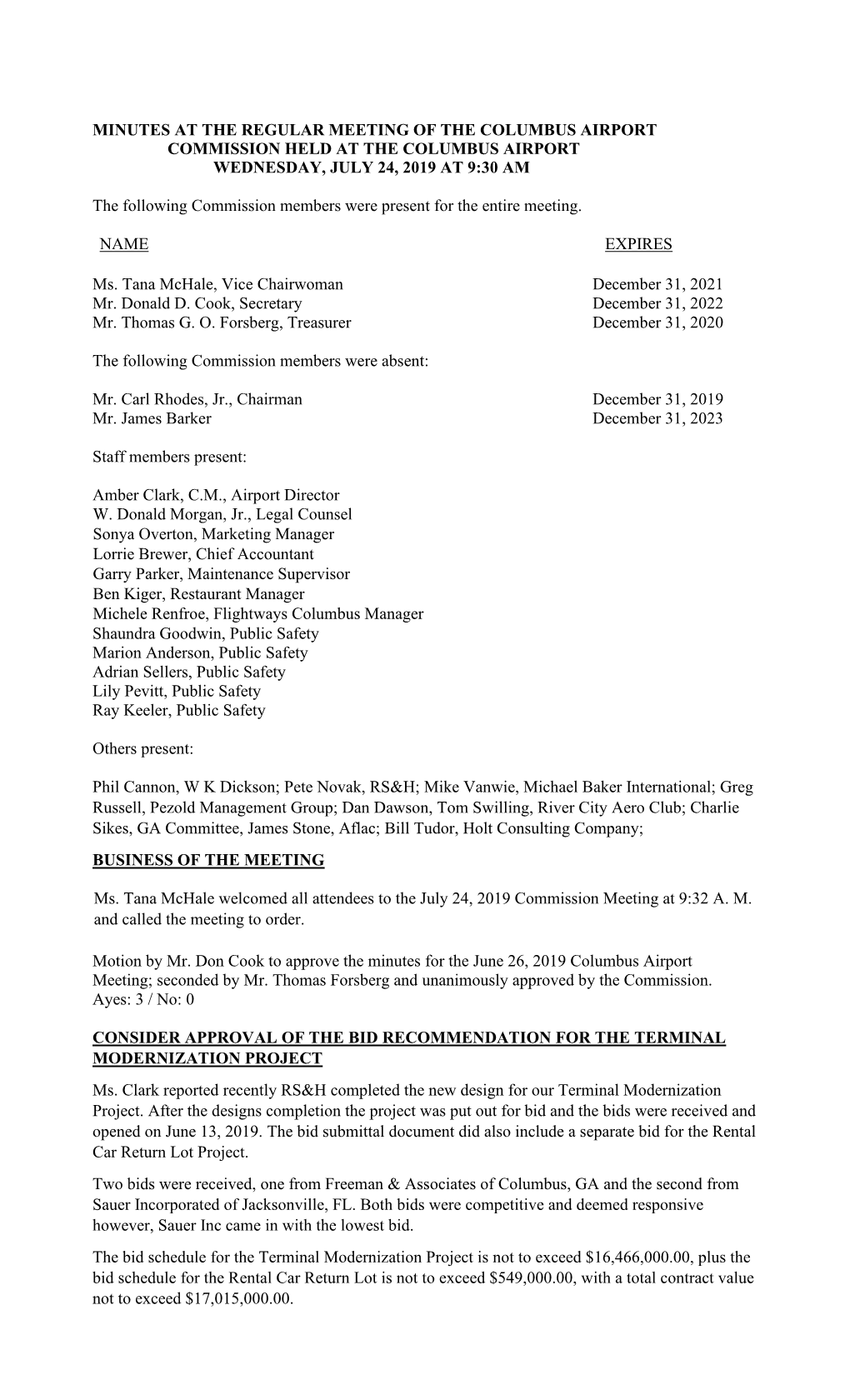 Minutes at the Regular Meeting of the Columbus Airport Commission Held at the Columbus Airport Wednesday, July 24, 2019 at 9:30 Am