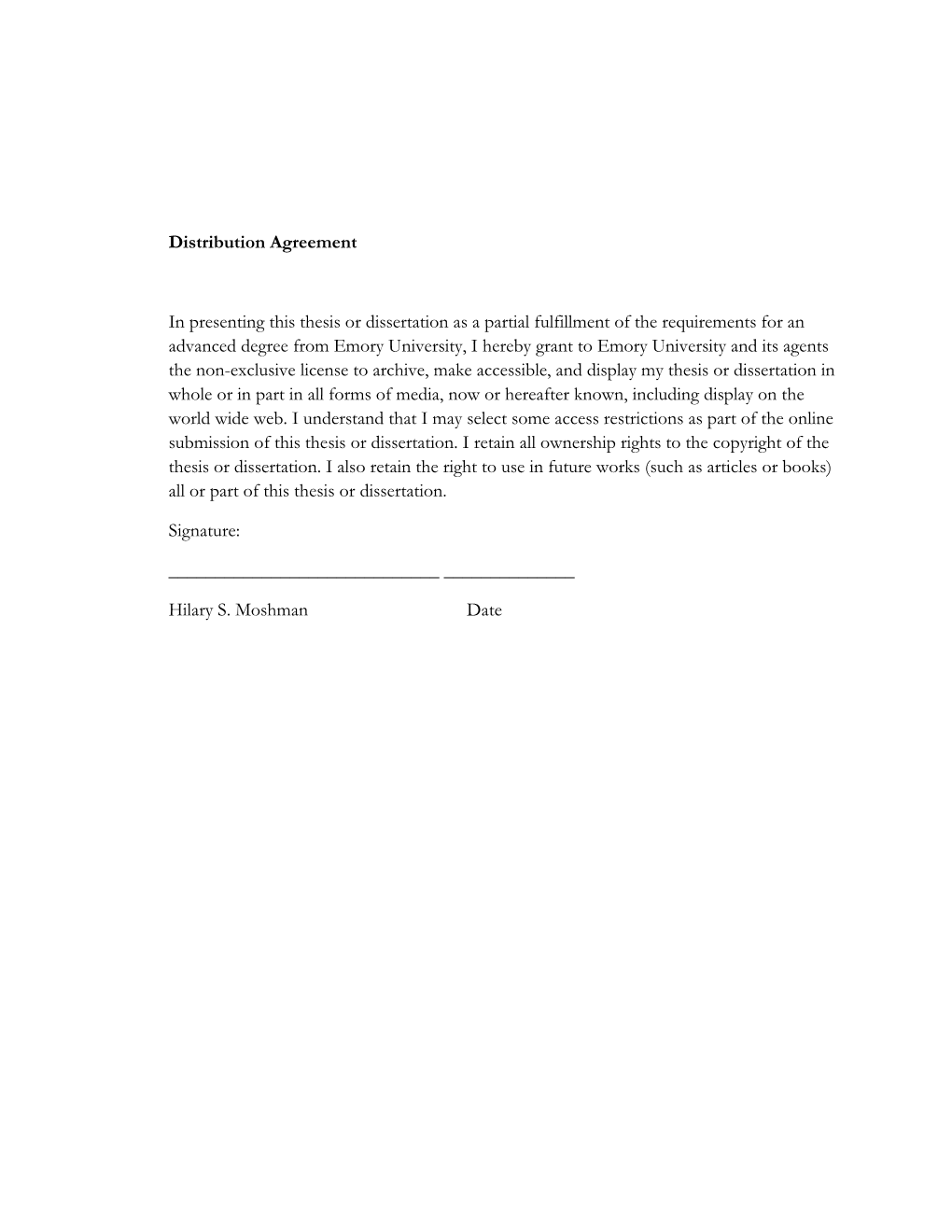 Distribution Agreement in Presenting This Thesis Or Dissertation As A