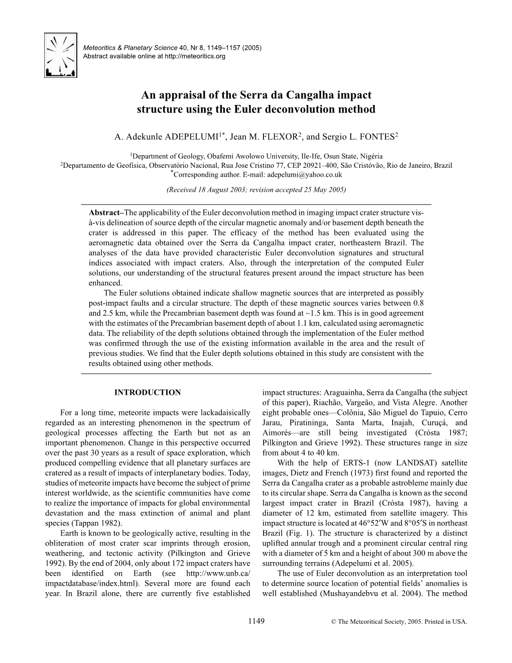 An Appraisal of the Serra Da Cangalha Impact Structure Using the Euler Deconvolution Method