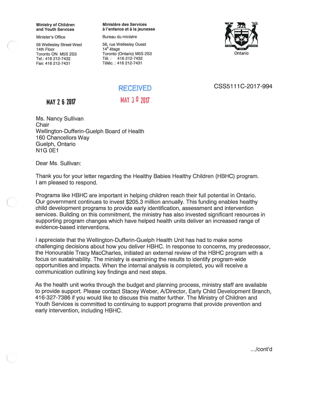 Michael Coteau, Minister, MCYS Response Letter to WDGPH Re