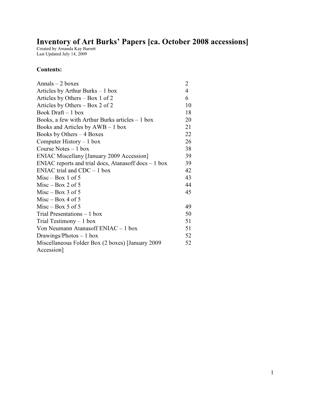 Inventory of Art Burks’ Papers [Ca