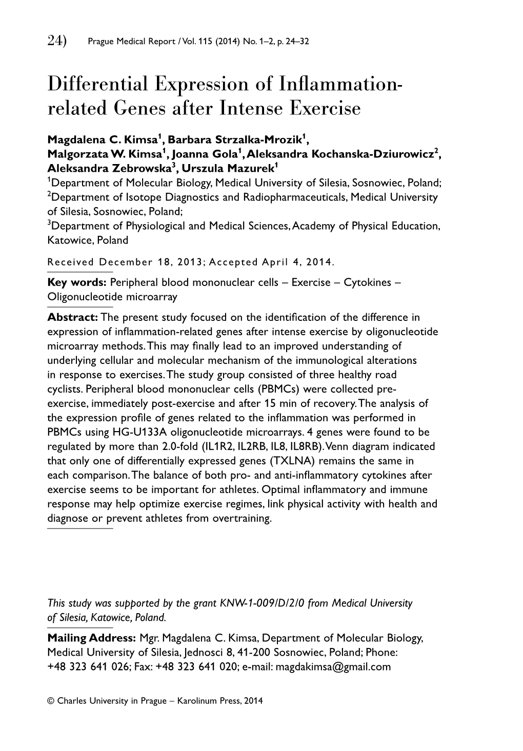 Differential Expression of Inflammation-Related Genes After Intense Exercise