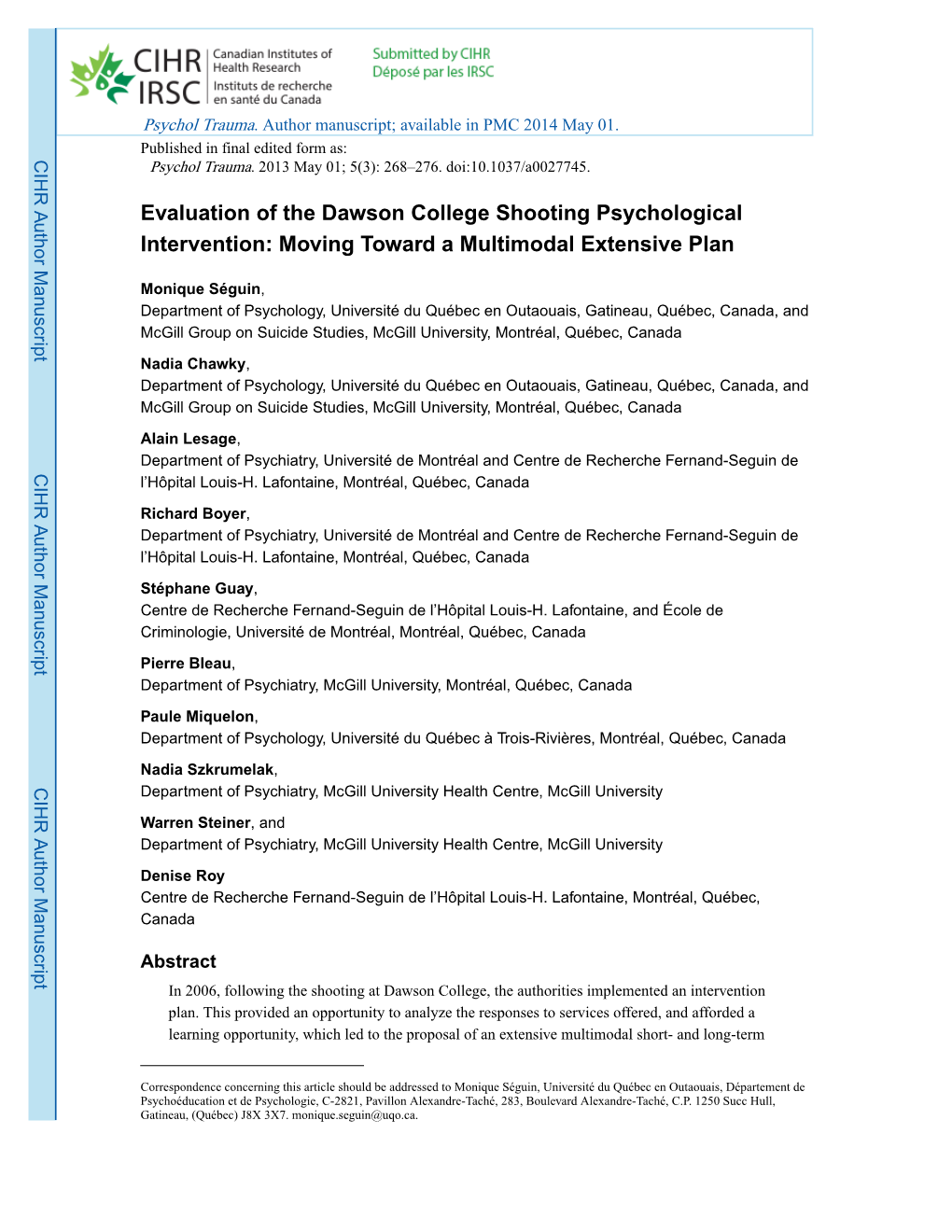 Evaluation of the Dawson College Shooting Psychological Intervention: Moving Toward a Multimodal Extensive Plan