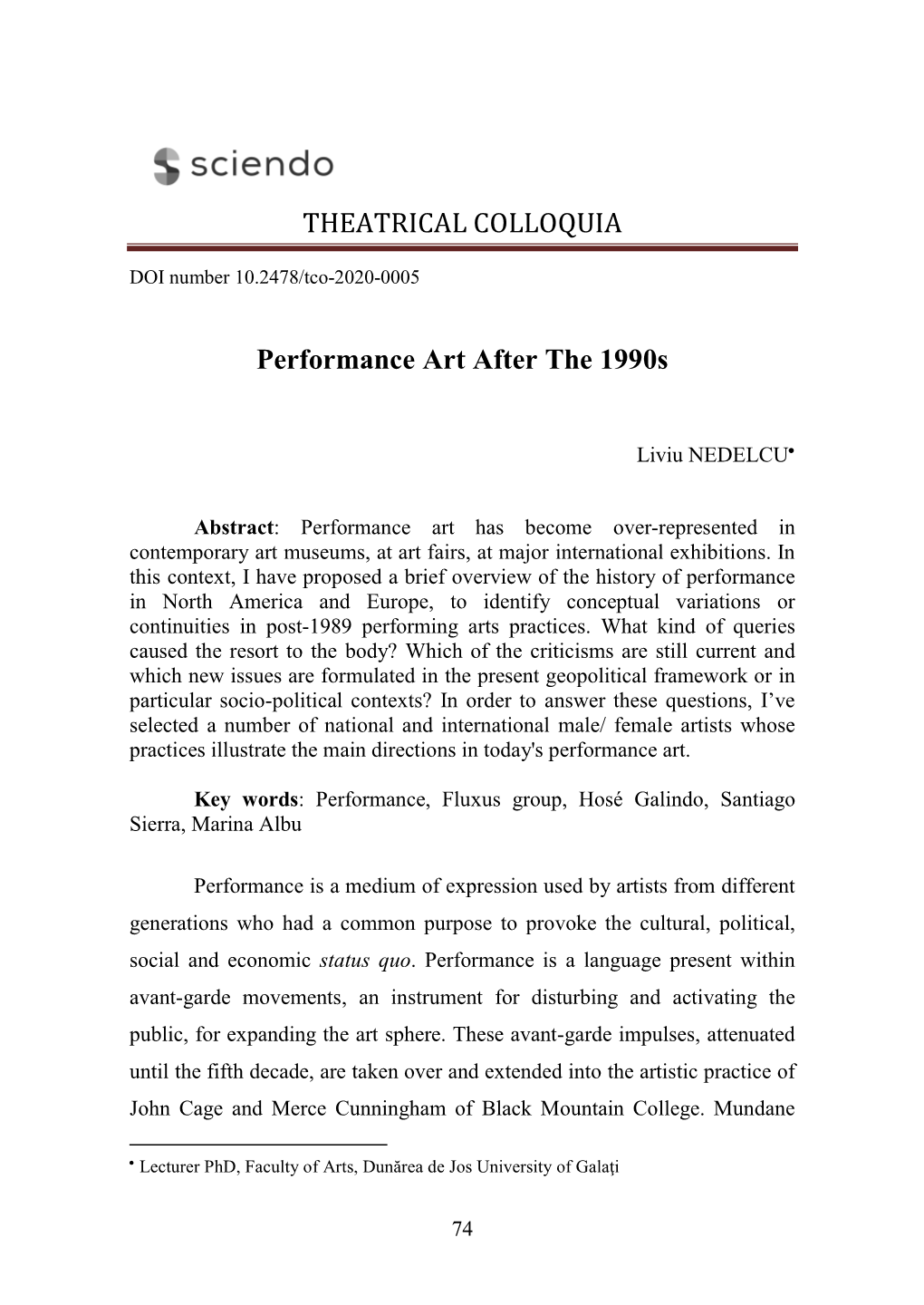 THEATRICAL COLLOQUIA Performance Art After the 1990S