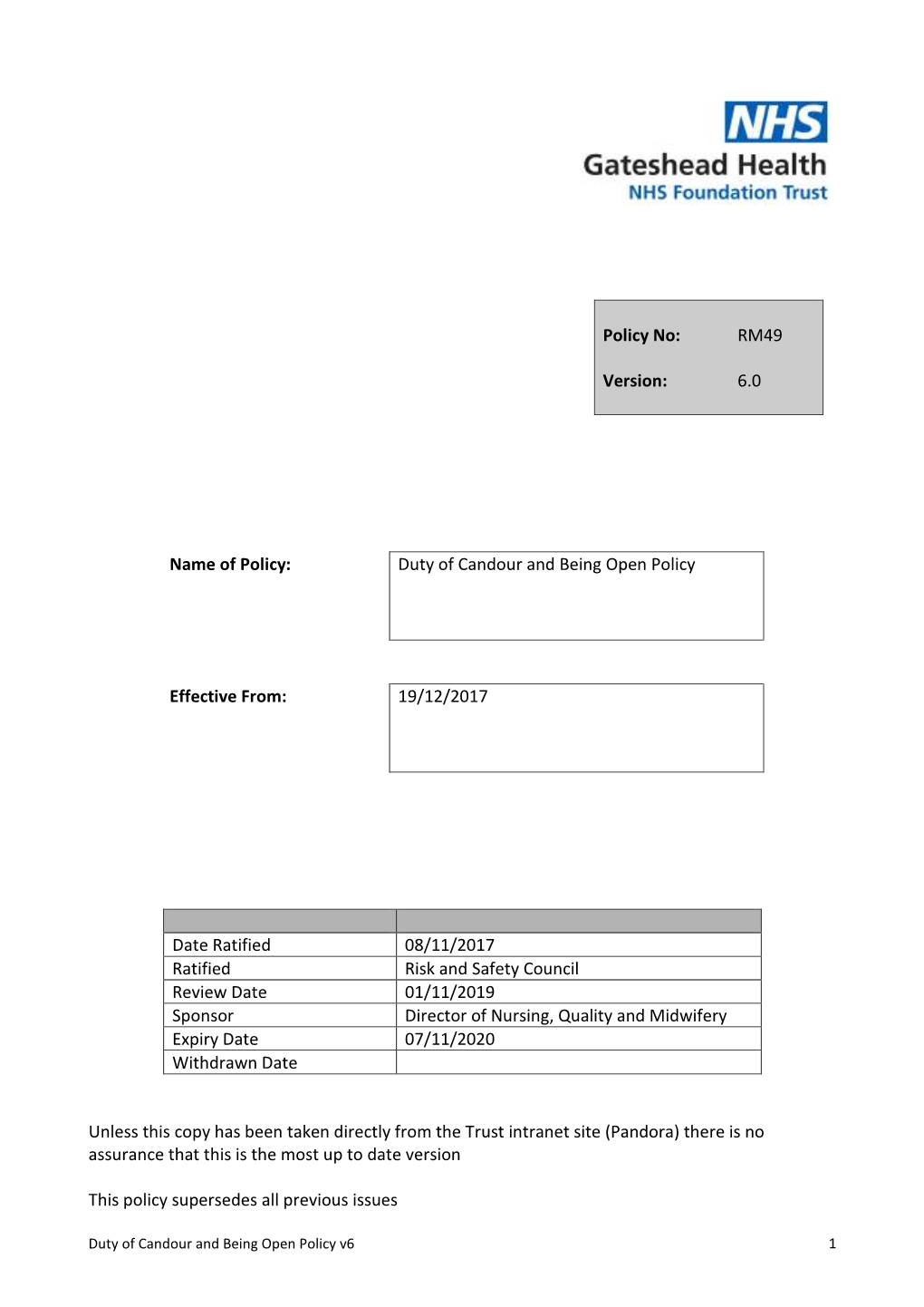 Duty of Candour and Being Open Policy Effective From