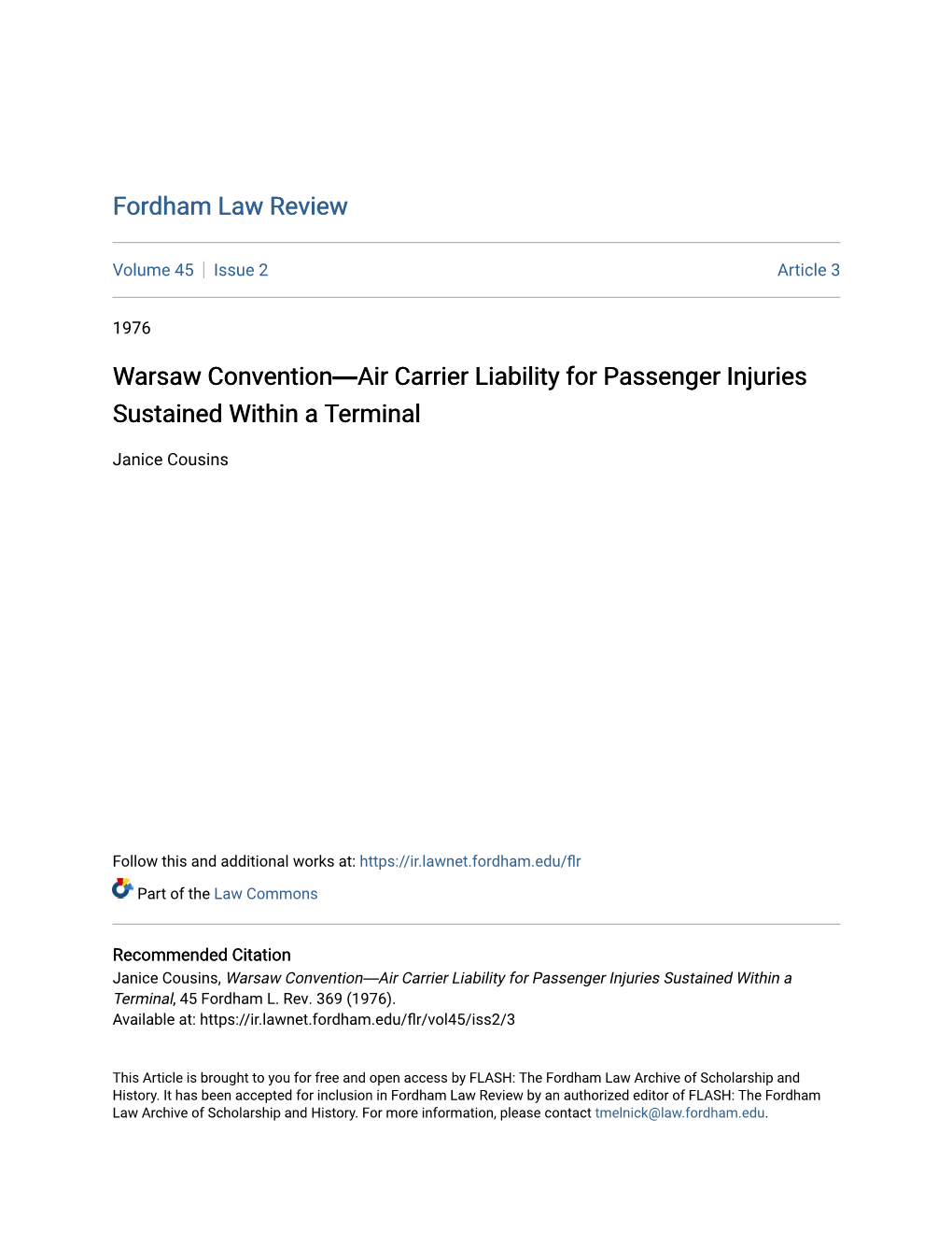 Warsaw Convention―Air Carrier Liability for Passenger Injuries Sustained Within a Terminal