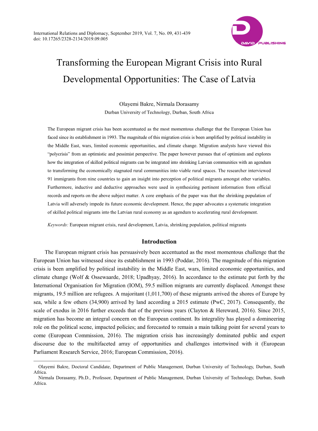 Transforming the European Migrant Crisis Into Rural Developmental Opportunities: the Case of Latvia