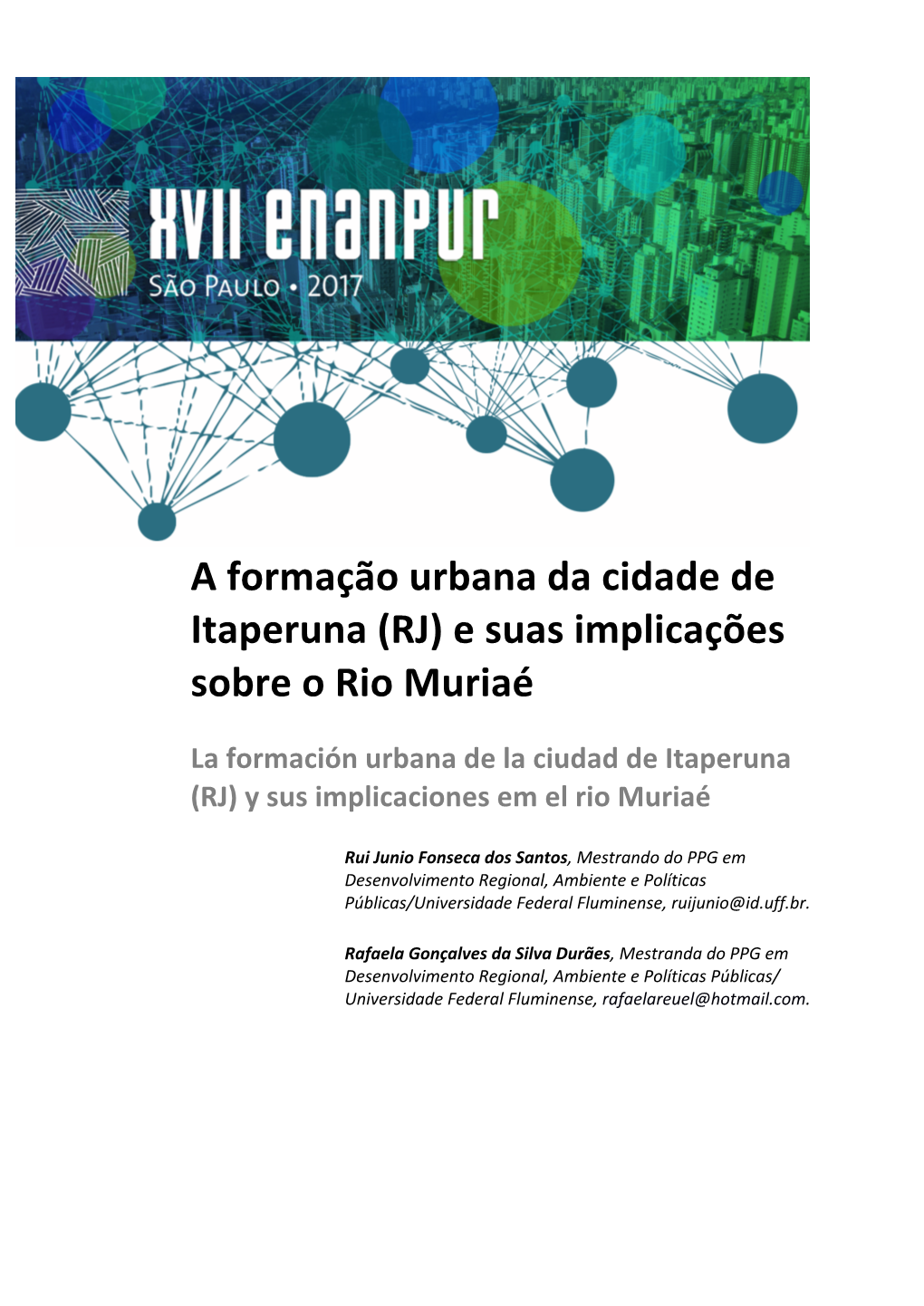 A Formação Urbana Da Cidade De Itaperuna (RJ) E Suas Implicações Sobre O Rio Muriaé