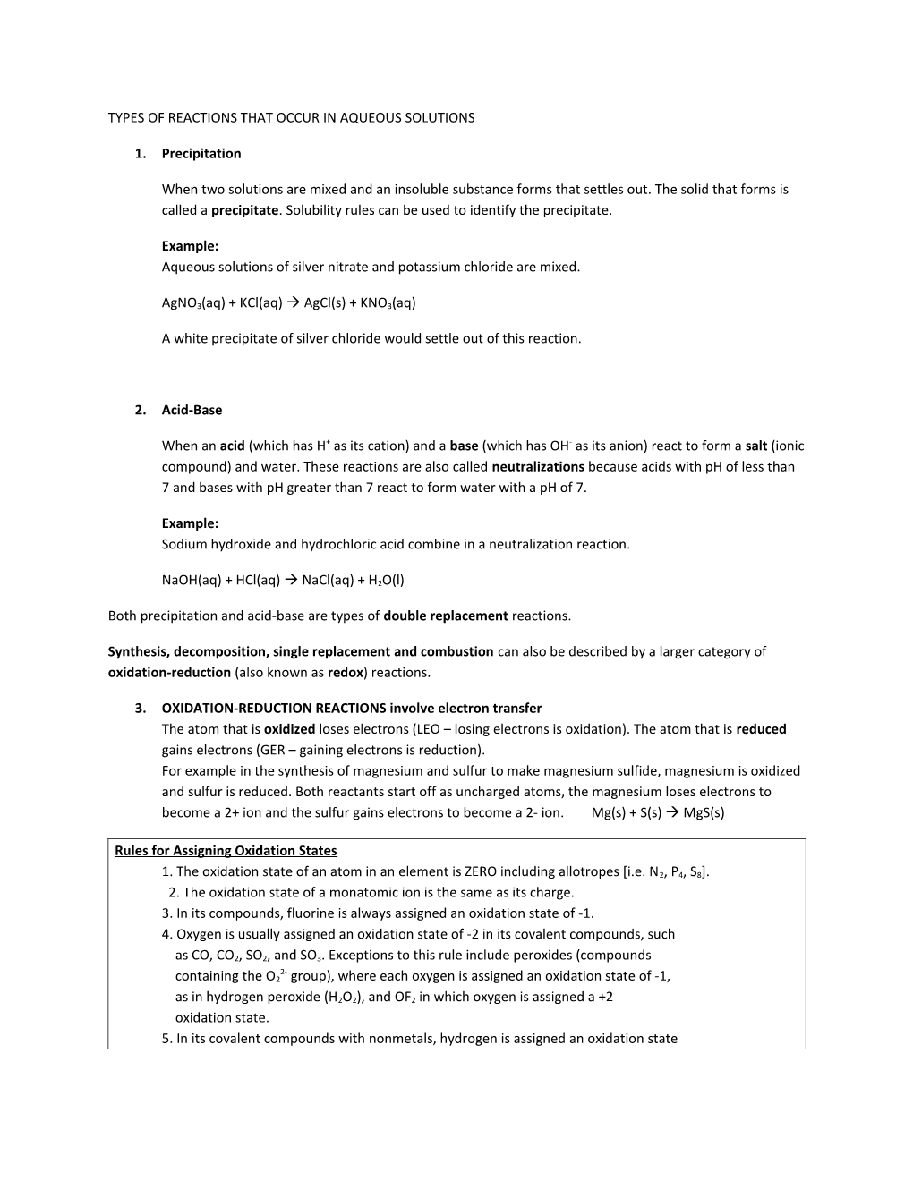 Types of Reactions That Occur in Aqueous Solutions