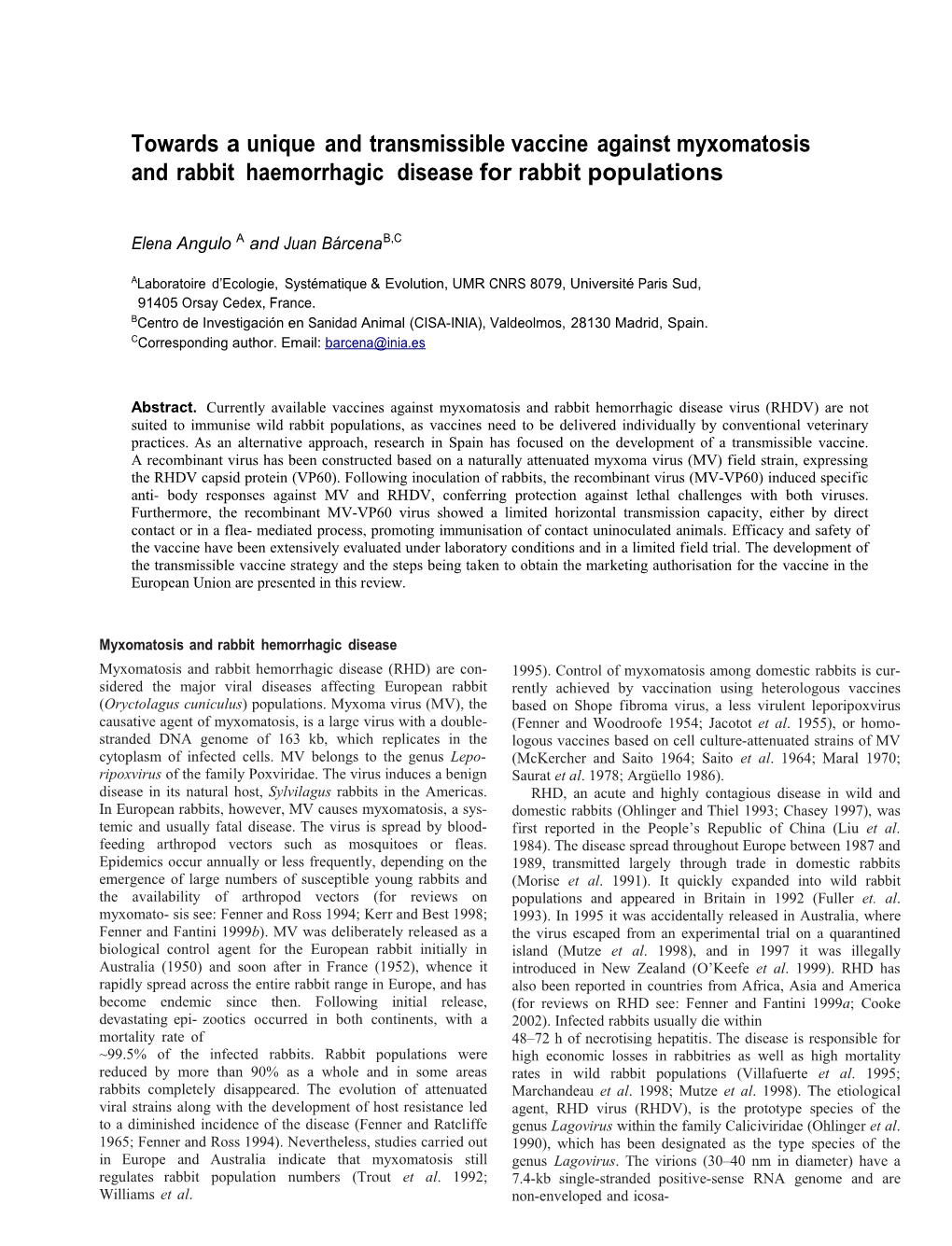 Towards a Unique and Transmissible Vaccine Against Myxomatosis and Rabbit Haemorrhagic