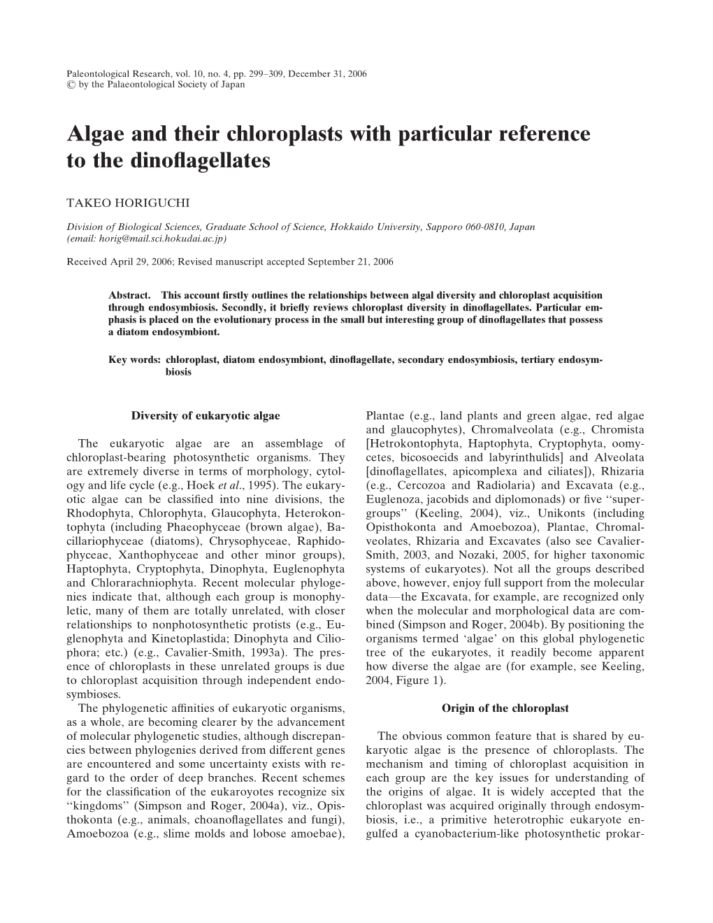 Algae and Their Chloroplasts with Particular Reference to the Dinoflagellates