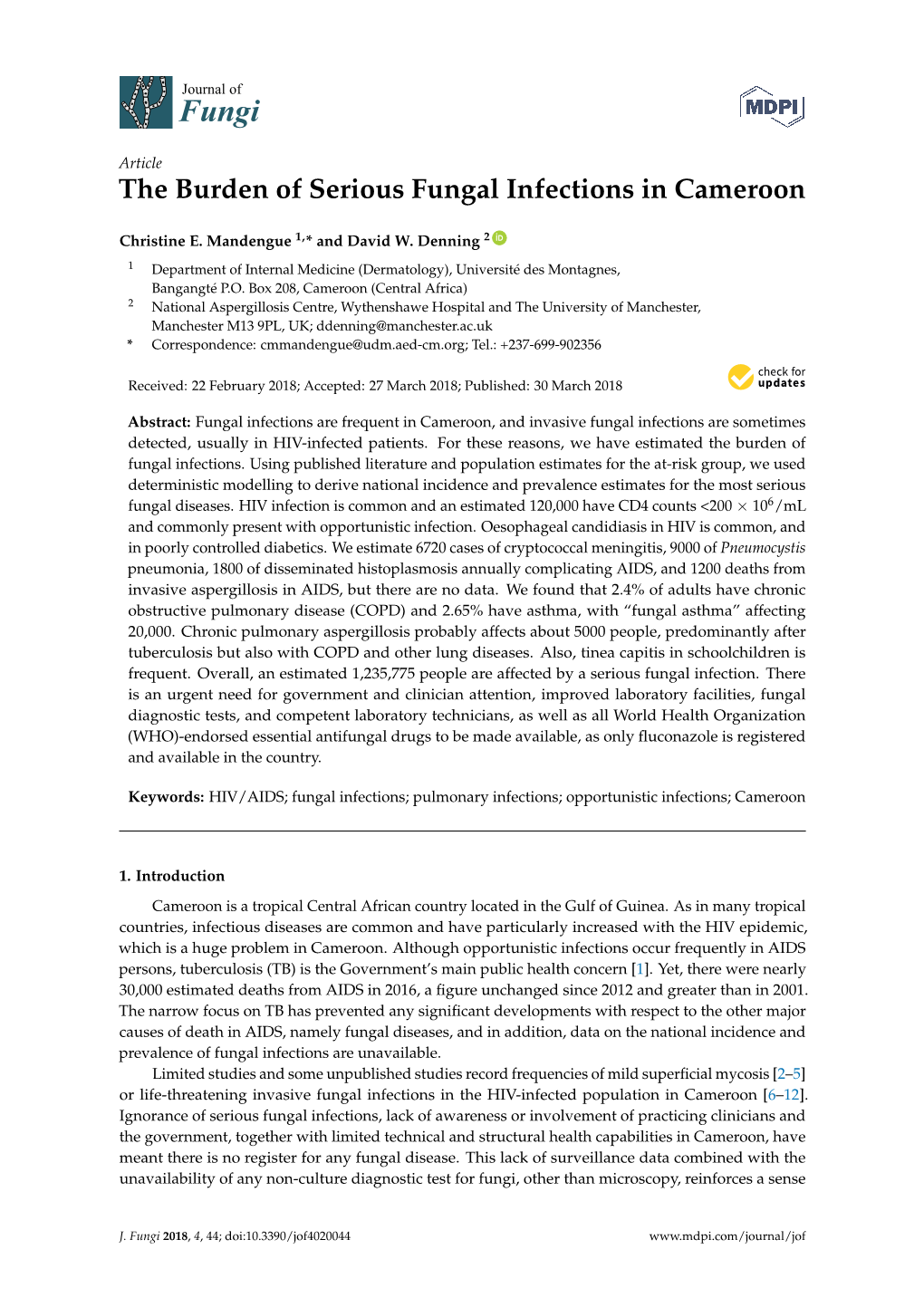 The Burden of Serious Fungal Infections in Cameroon