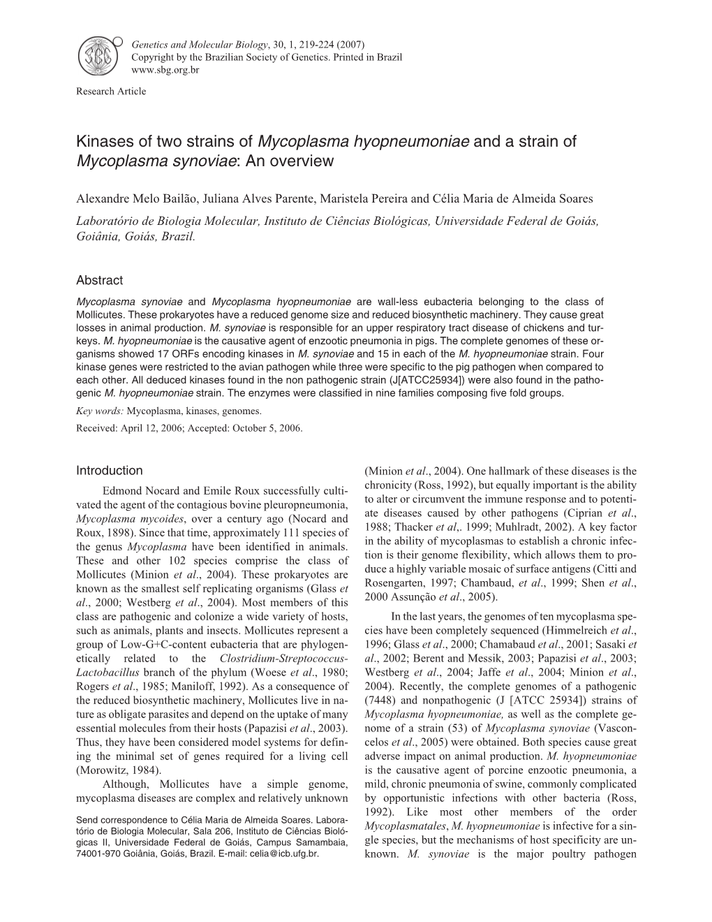 Mycoplasma Synoviae: an Overview