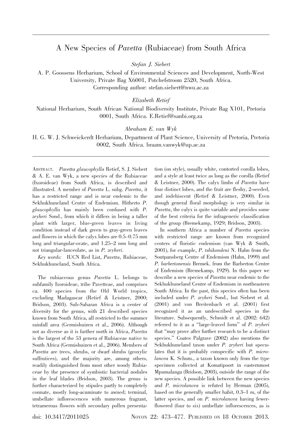 A New Species of Pavetta (Rubiaceae) from South Africa